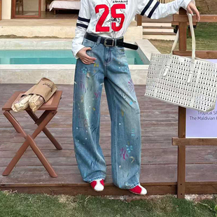 爆犀牛2026春季新款油漆彩绘爆款涂鸦阔腿牛仔裤女垂感宽松直筒裤