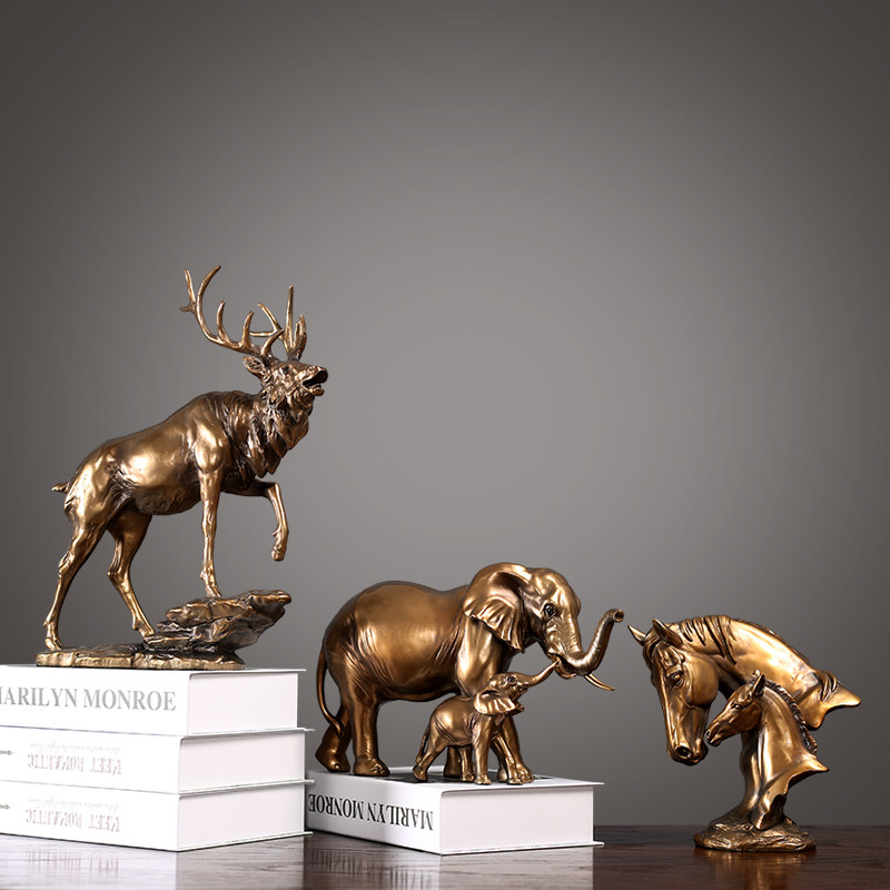 欧式轻奢家居摆件新古典客厅酒柜样板房玄关装饰品铜金色象鹿摆设