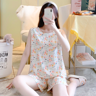 夏天人造棉可外穿家居服 绵绸睡衣女士无袖 大码 薄款 棉绸背心套装