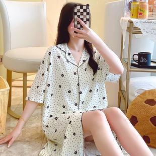 棉绸睡裙夏季女款短袖衬衫裙卡通韩版薄款绵绸睡衣可外穿家居服