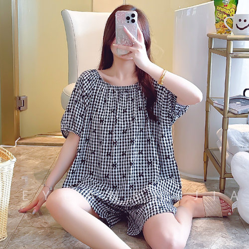 夏季女士薄款人造棉短袖睡衣套装韩版宽松大码棉绸女士家居服绵绸