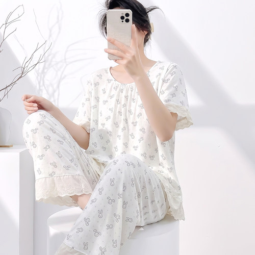 女士夏季薄款棉绸防凸点睡衣套装