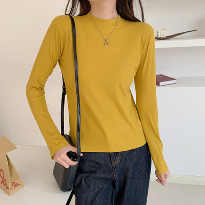螺纹长袖T恤半高领薄款女士修身