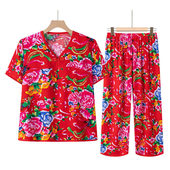 东北大花棉绸套装 洋气家居服网红两件套 中老年薄款 春夏季 绵绸短袖