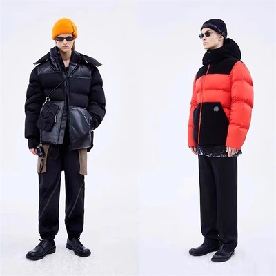 捡漏原单外贸男款羽绒服工装羽绒服新款时尚双拼接红色连帽羽绒服