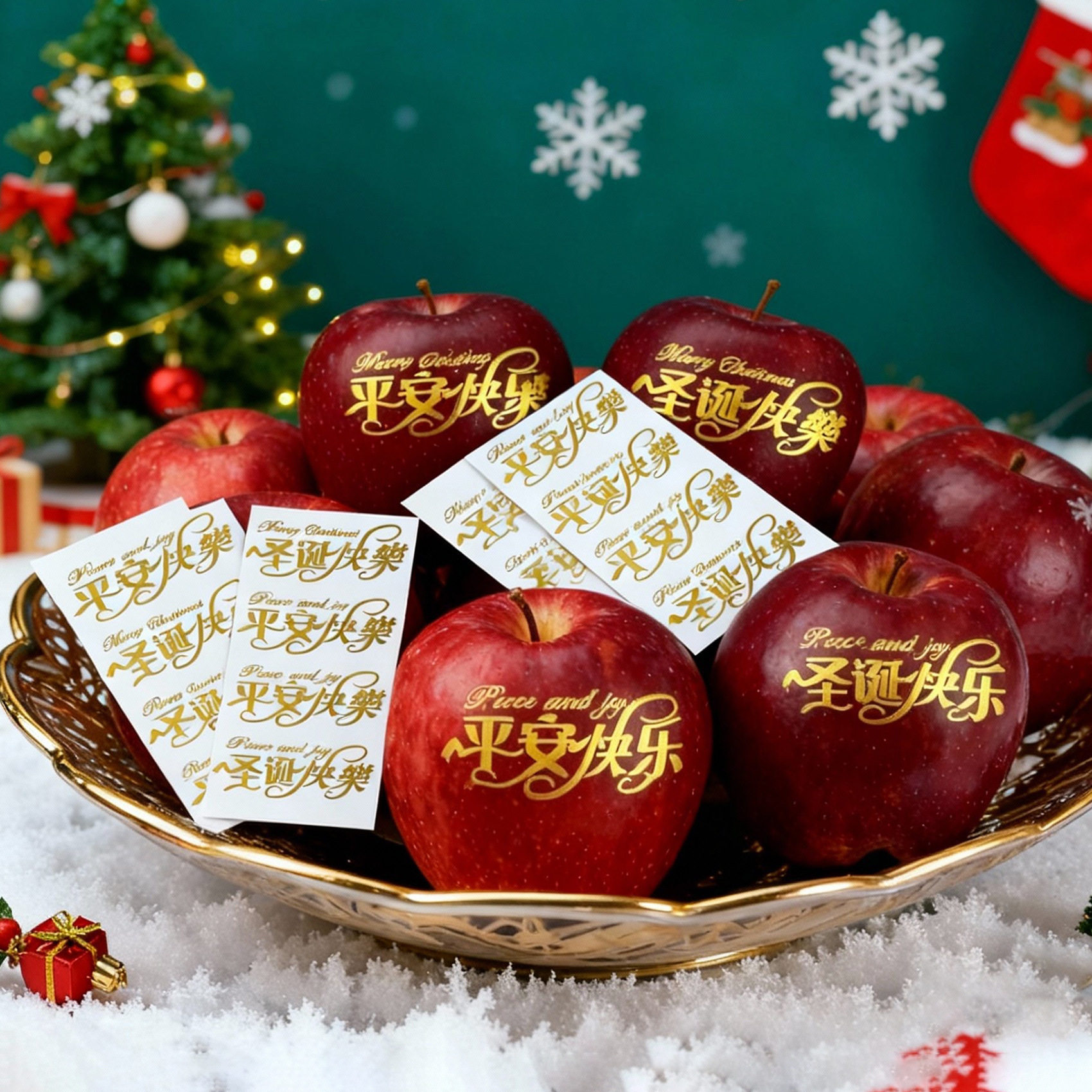 圣诞装饰 苹果圣诞快乐平安果魔法水印贴标贴 圣诞节苹果标签贴