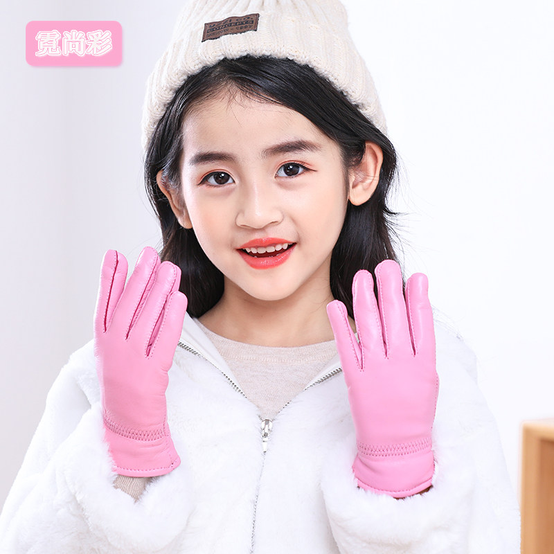 儿童皮手套秋冬季防水玩雪女童滑冰五指加绒厚保暖宝宝男童小手套