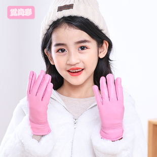 儿童皮手套秋冬季防水玩雪女童滑冰五指加绒厚保暖宝宝男童小手套