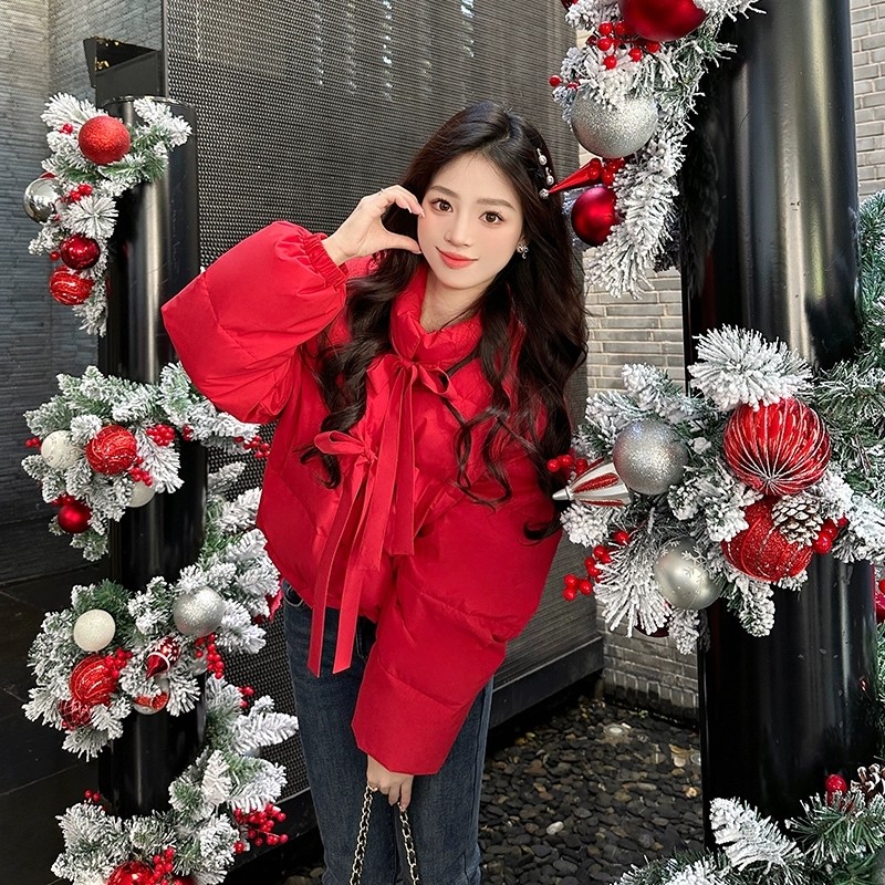 白鸭绒蝴蝶结大红色羽绒服女冬新款高级感小个子厚外套