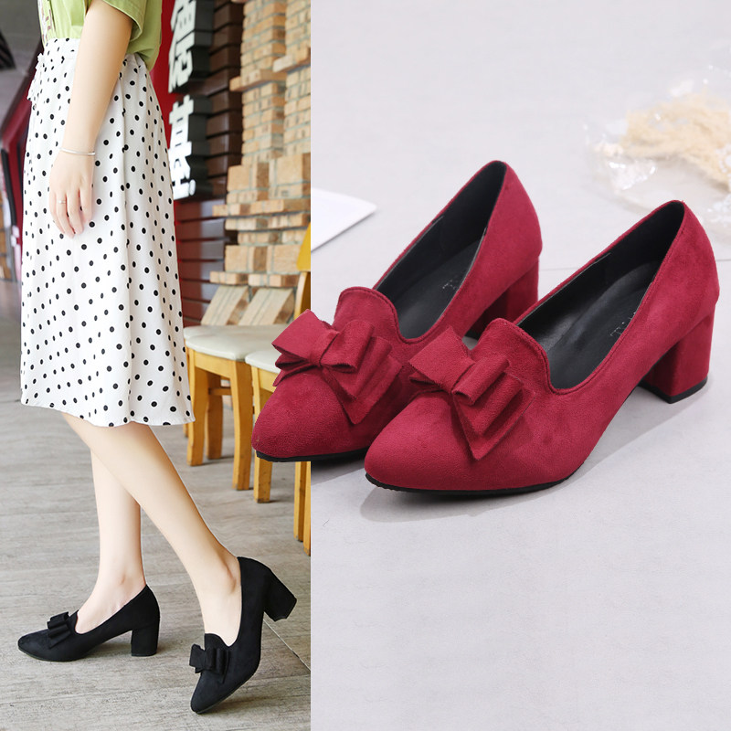 2021夏季新款浅口尖头仙女晚晚风温柔鞋早春蝴蝶结中跟粗跟单鞋女