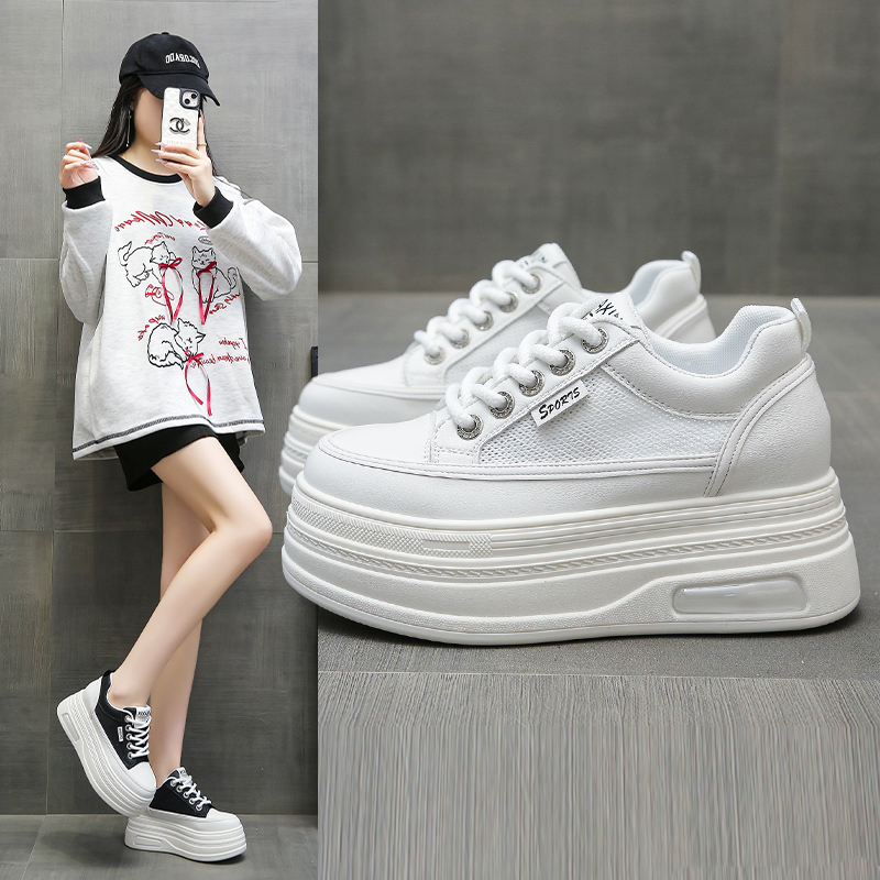 2025年夏季网面透气厚底松糕小白鞋高跟内增高小个子显瘦女鞋