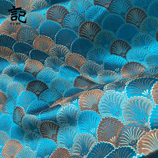 深浅宝蓝色海波贝壳松针纹织锦缎布料丝绸缎子面料手工汉服diy古