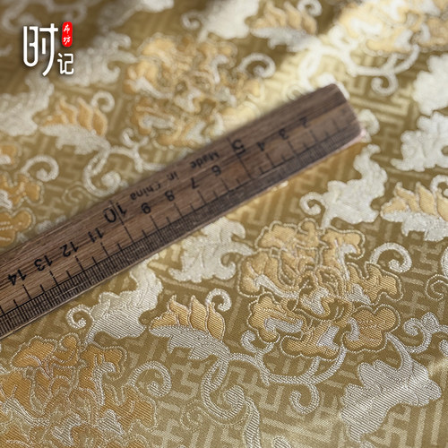 泥金浅黄万寿牡丹吉祥织锦缎布料