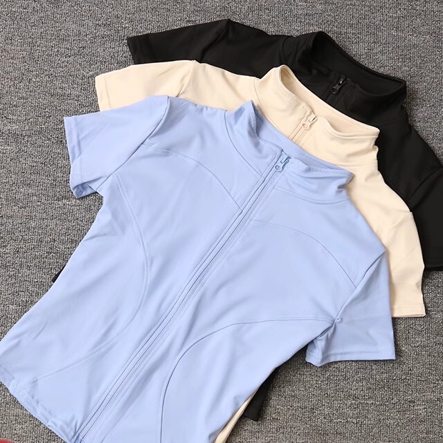 瑜伽服女紧身t恤运动短袖跑步训练普拉提立领拉链健身服外套秋季