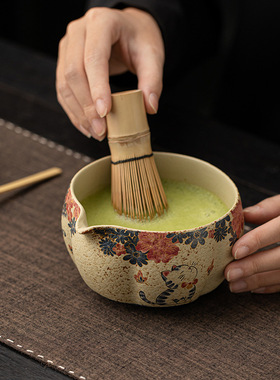 青花火石红抹茶四件套打沫搅拌日式点茶道陶瓷打茶碗茶筅