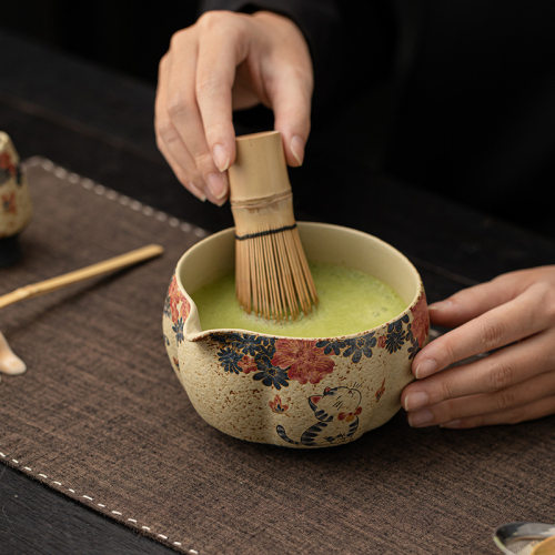青花火石红抹茶四件套打沫搅拌日式点茶道陶瓷打茶碗茶筅