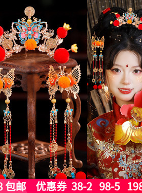 cos小财神造型发饰红色毛球长流苏合金蝴蝶发钗烧蓝花朵百搭发冠