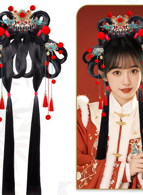 古风仙气假发发箍一体成人汉服头饰流苏花朵新年红色喜庆演出配饰