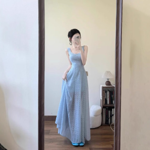 夏季 气质收腰显瘦a字海边度假裙子 蓝色法式 吊带连衣裙女2025新款