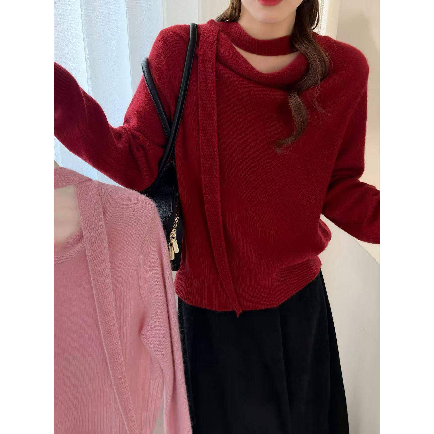 高级感慵懒风挂脖飘带针织衫女冬季荡领氛围感纯色长袖百搭毛衣