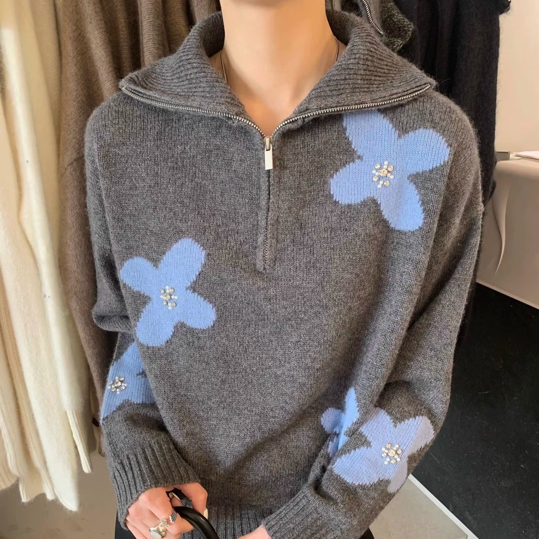 韩版提花重工钉珠拉链翻领针织衫