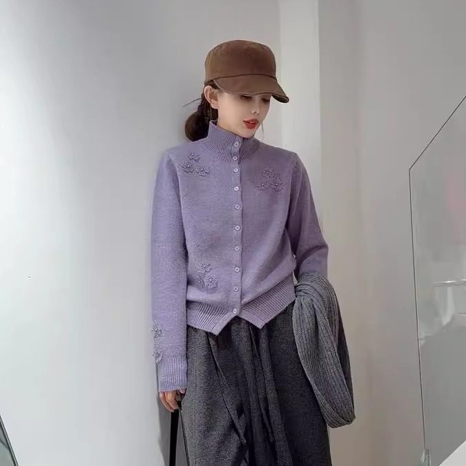 BADX正品手工花立领排扣纯色针织开衫女冬季宽松显瘦百搭毛衣外套