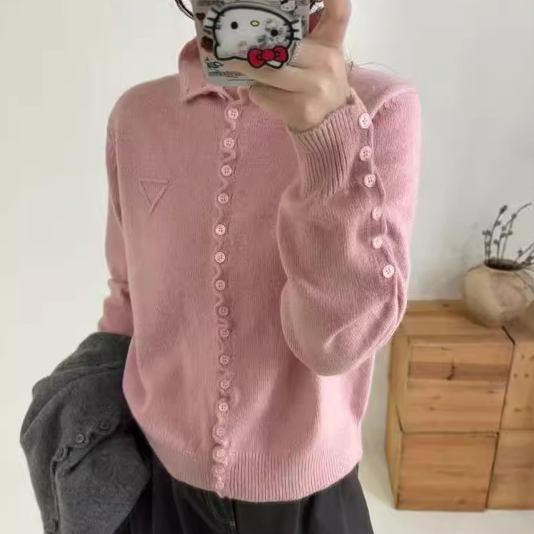 纽扣袖半高领纽扣花边针织开衫