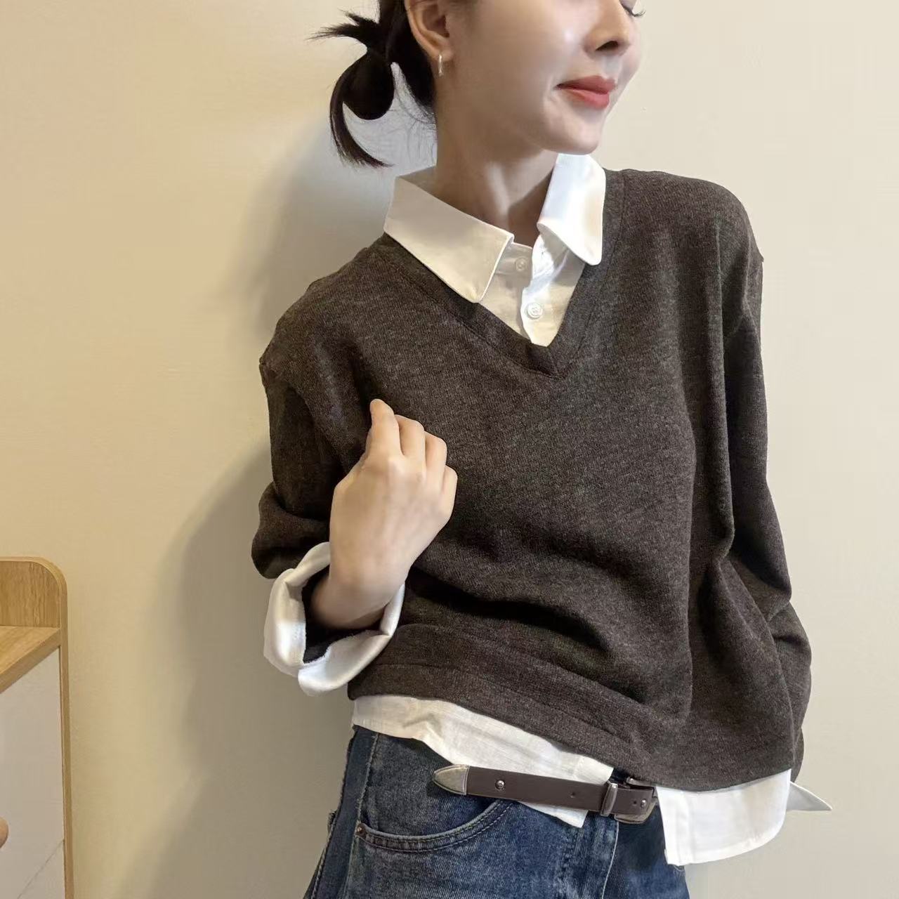 秋季韩式假两件POLO领针织衫女