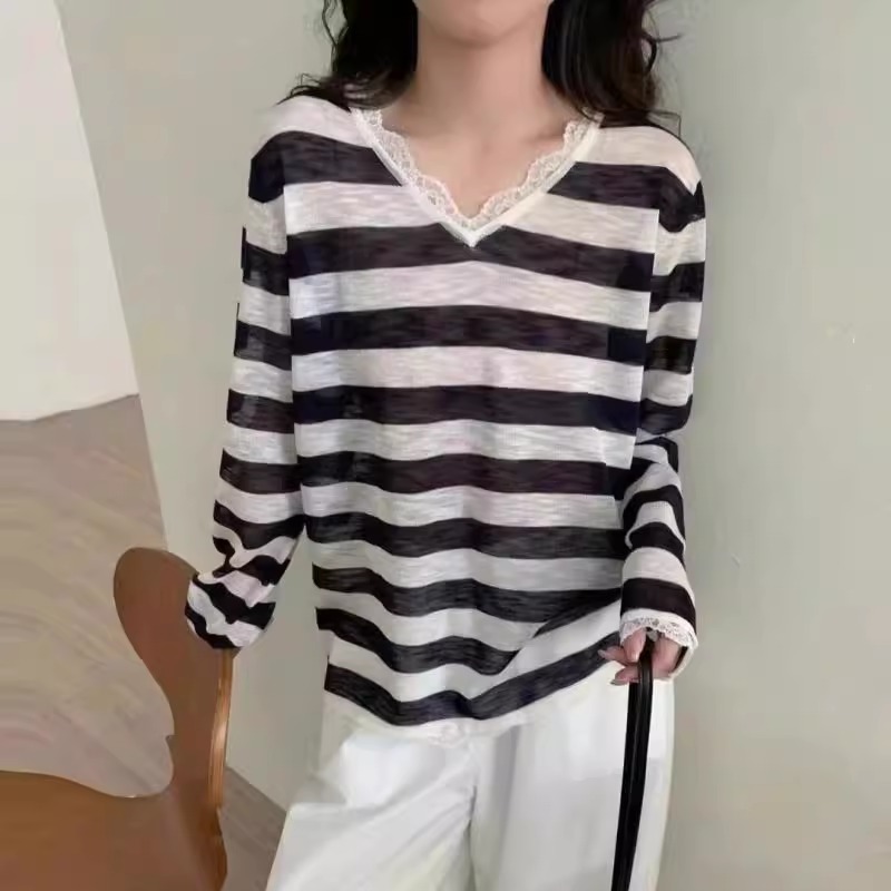 蕾丝花边拼接条纹防晒针织罩衫女2025夏季薄款宽松慵懒长袖空调衫