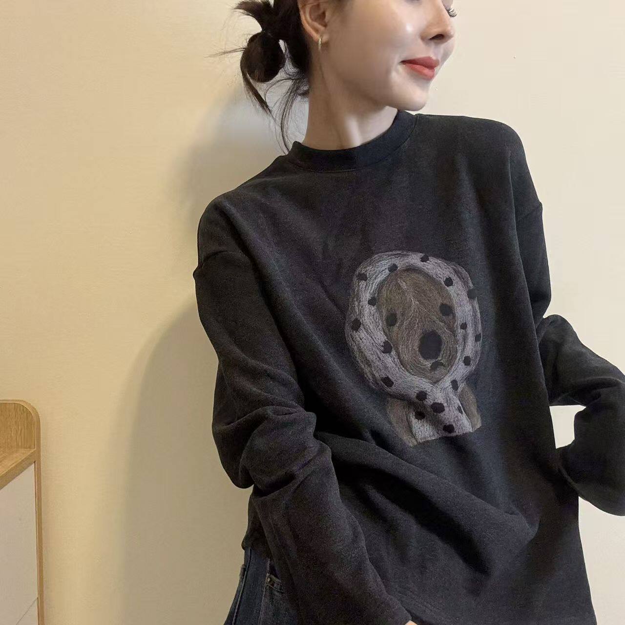 秋冬狗狗卡通印花宽松卫衣女