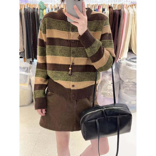 韩范撞色条纹针织开衫女秋冬