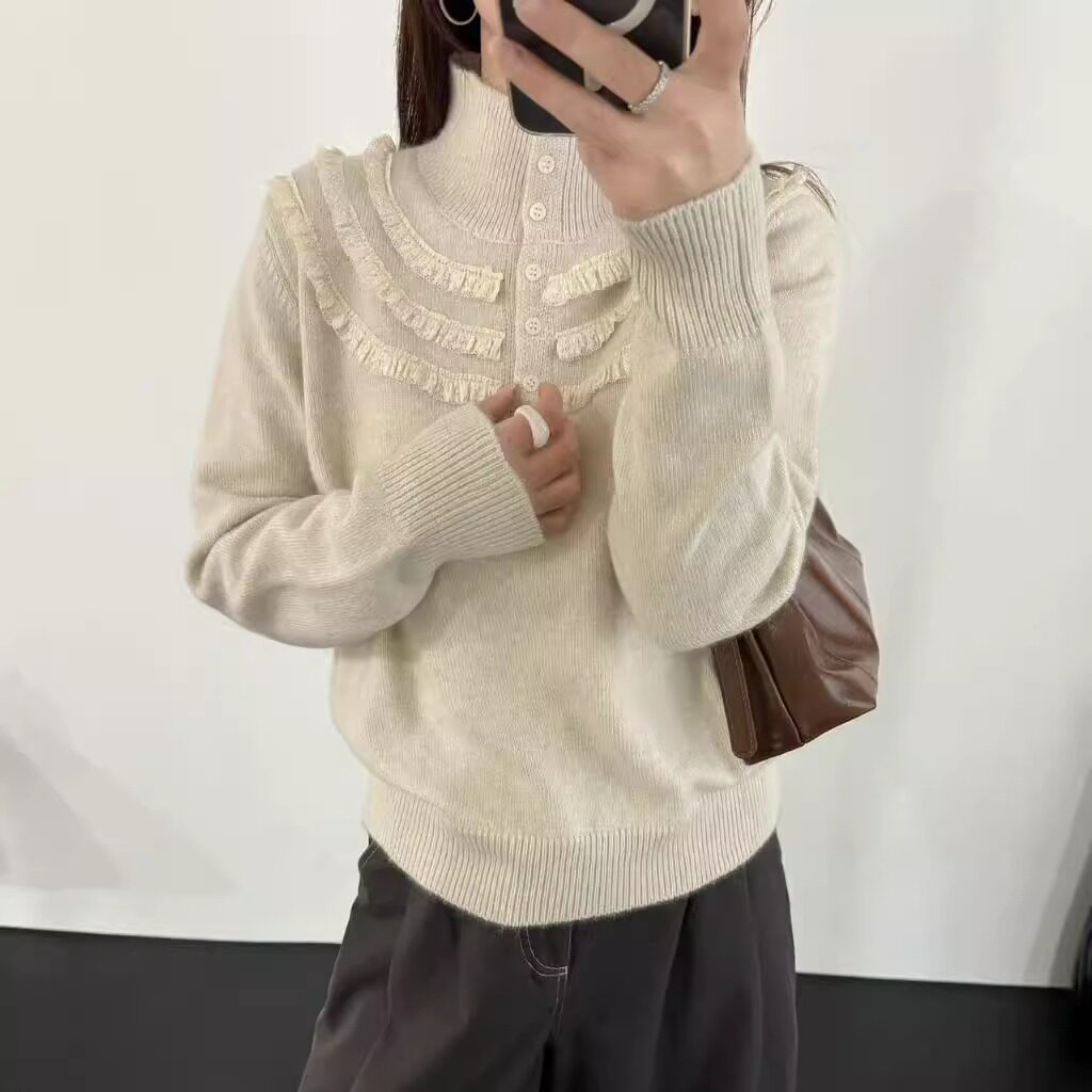木耳花边半高领冬季女时尚开衫针织衫宽松显瘦毛衣上衣软糯立领潮