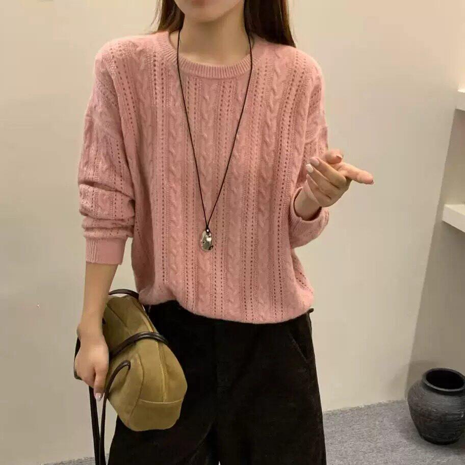 秋季复古风时尚麻花纹镂空针织衫女圆领套头长袖百搭显瘦毛衣上衣