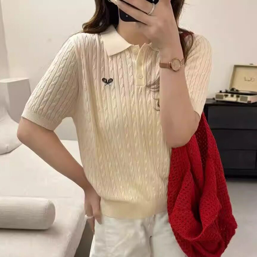 2026春夏新款翻领刺绣麻花高品质亚麻针织衫女短袖百搭显瘦上衣潮