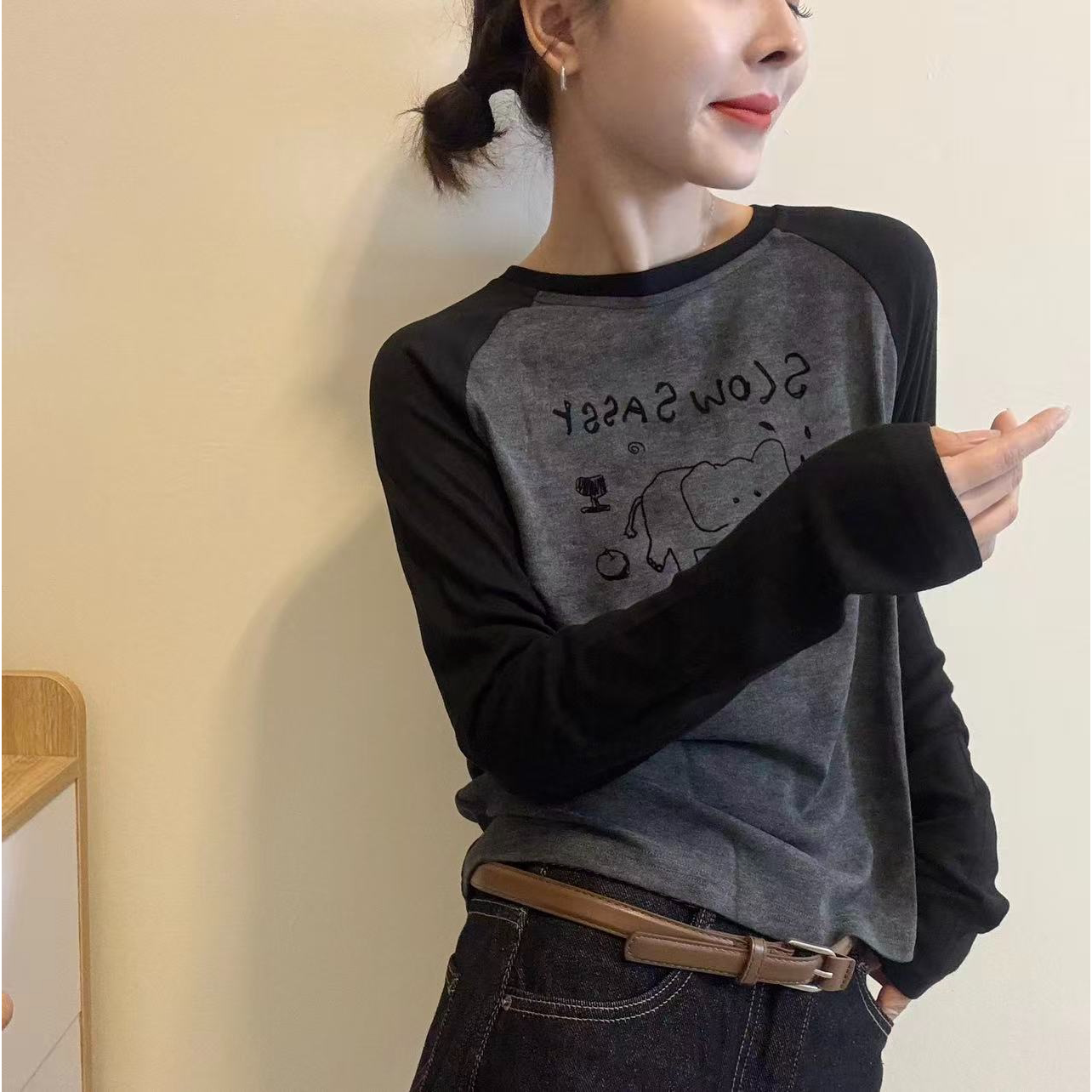 秋季美式撞色插肩大象长袖T恤女