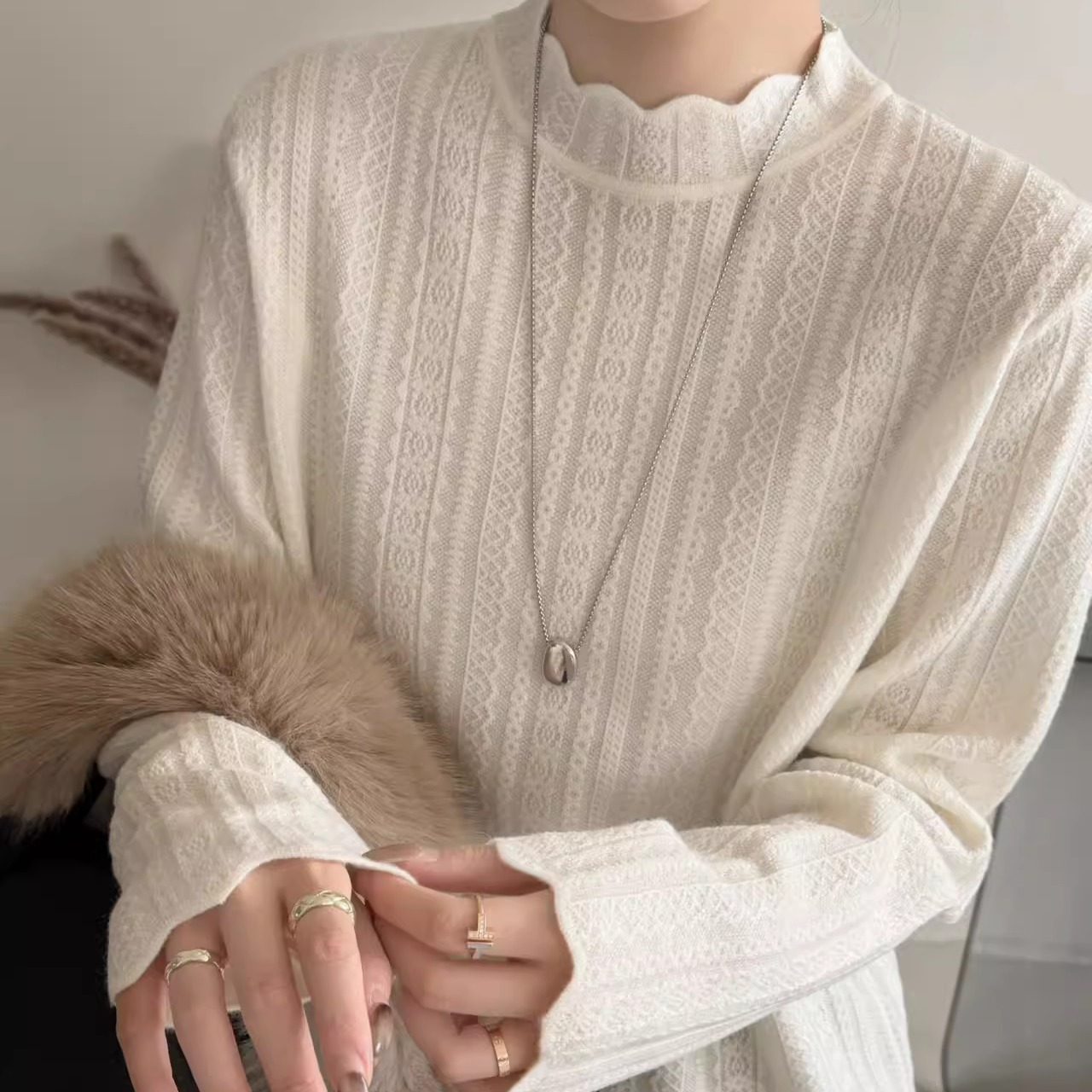 韩系半高领木耳边蕾丝钩花打底衫女秋冬亲肤软糯百搭甜美长袖T恤,女装/女士精品,毛针织衫,淘宝优惠券,粉丝福利购,淘宝优惠卷