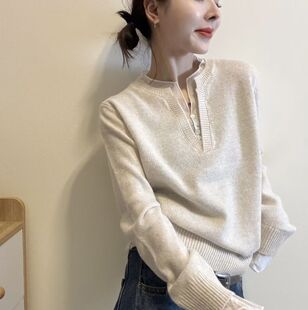 韩版时尚拼接假两件套头毛衣女26秋冬宽松显瘦百搭针织衫打底上衣