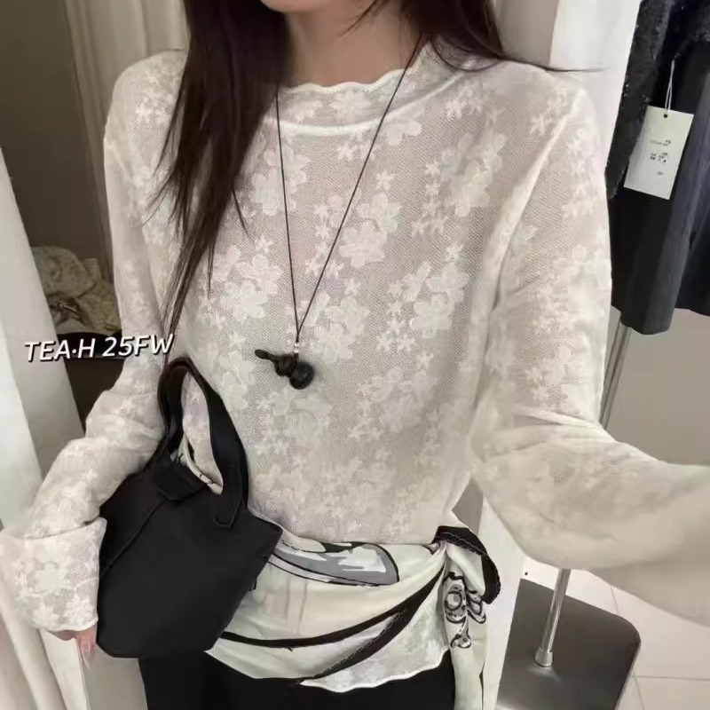 纯色花边领套头内搭提花蕾丝衫女2025秋季长袖宽松百搭打底衫上衣