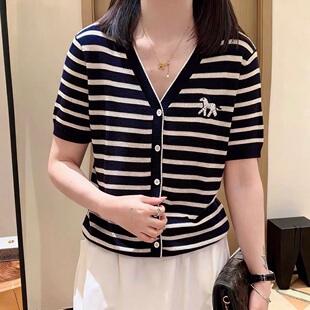 慵懒风V领条纹天丝亚麻刺绣小马针织开衫女春夏时尚短袖百搭上衣