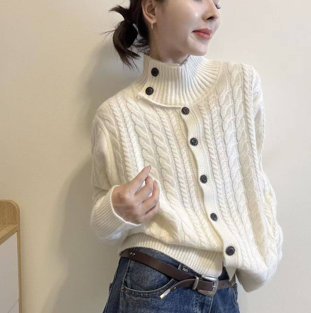 韩版高领麻花针织开衫女秋冬