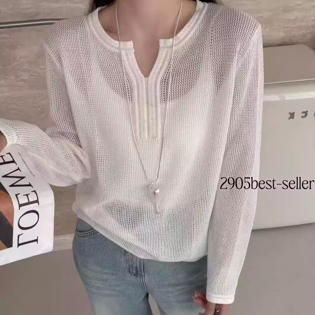 2026春夏慵懒风剪刀领镂空高定天丝亚麻针织衫女宽松薄款百搭上衣