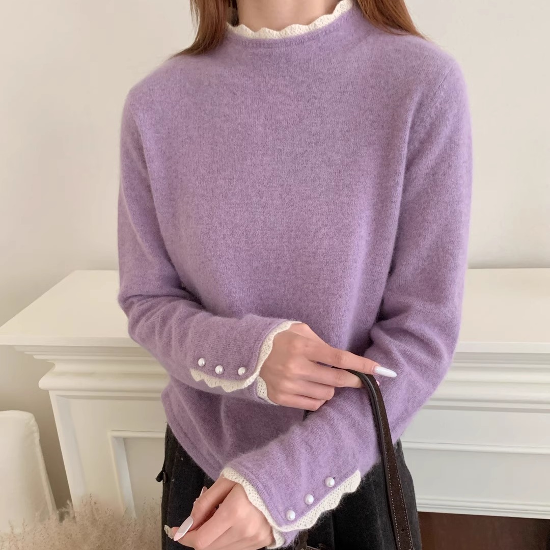 韩版波浪边钩花袖口钉珠密熊绒圆领毛衣女高级冬款时尚百搭针织衫