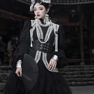 暗黑系宫廷风苗族服装女改良新款苗疆少女个性舞台服装民族摄影服