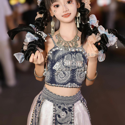儿童苗族服装女童长裙蜡染民族风