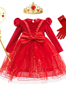 女童连衣裙秋冬红色网纱圣诞节女孩蓬蓬裙花童洋气喜庆艾莎公主裙