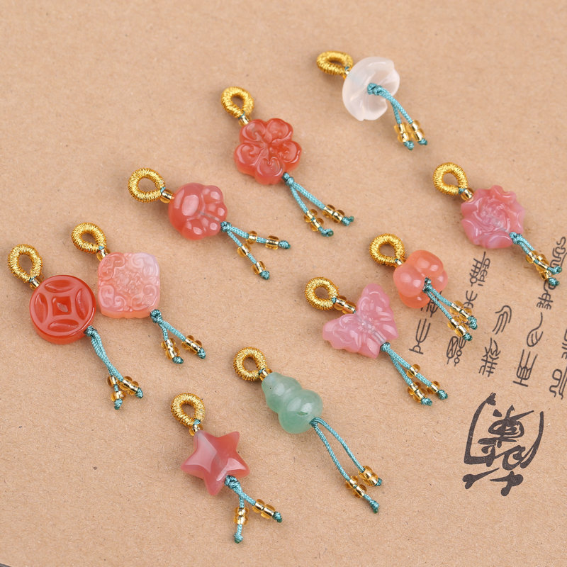 天然南红粉红葫芦铜钱小滴溜吊坠