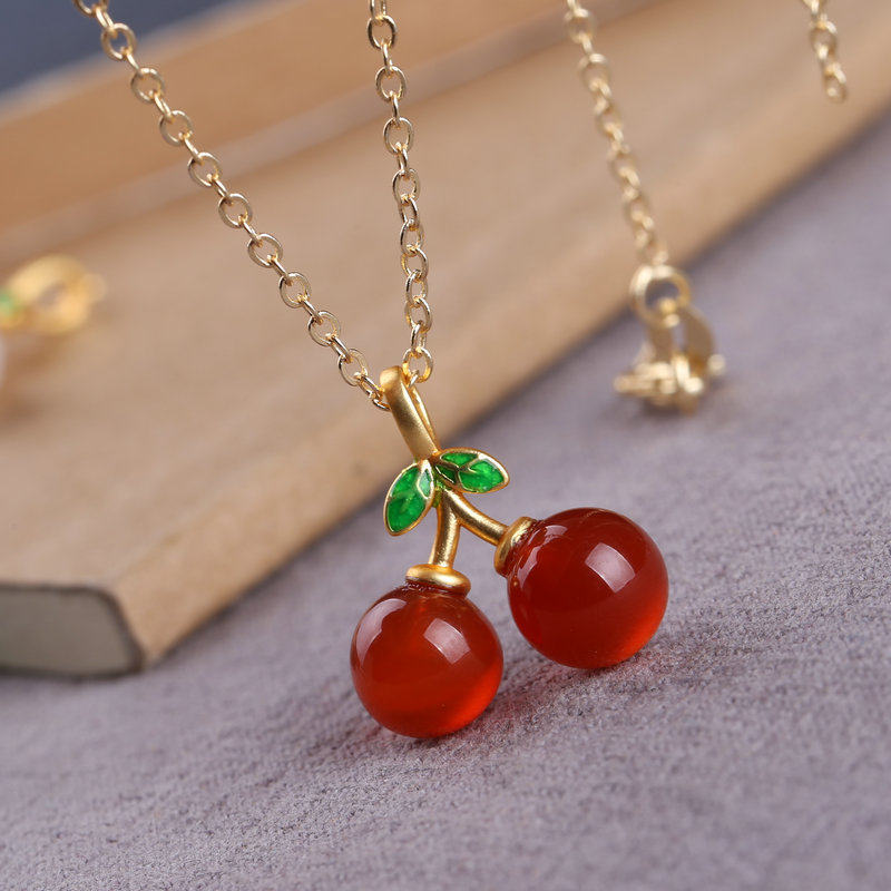 天然红玛瑙白玉绿玉髓樱桃吊坠文艺少女学生项链吊坠玉坠玉石C10