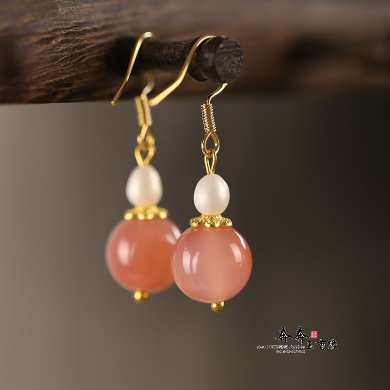 天然樱桃粉桃花诺绯红玛瑙吊坠耳环气质耳坠复古耳钉国风耳饰礼物