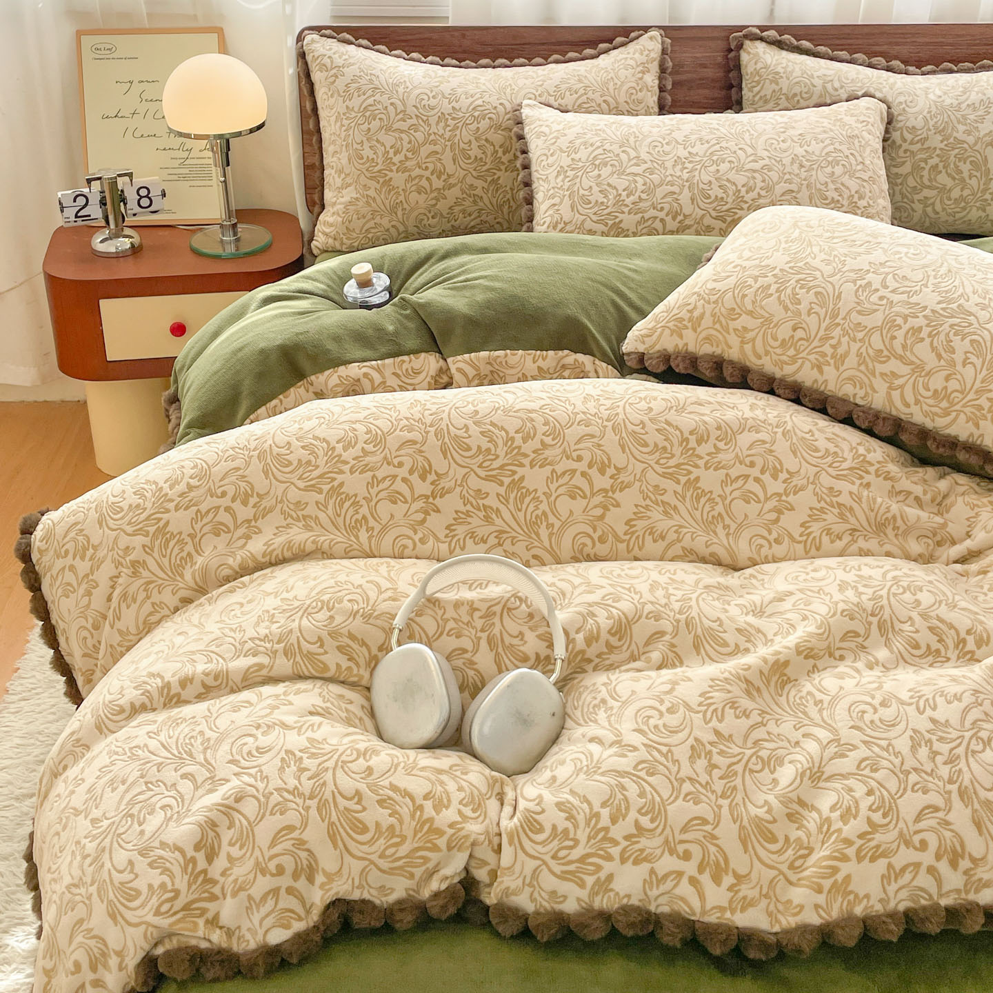 法式轻奢兔毛球雕花牛奶绒四件套