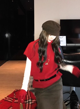 红莓年诞 红色氛围感羊毛高领斗篷马甲毛衣慵懒风显瘦针织带腰带